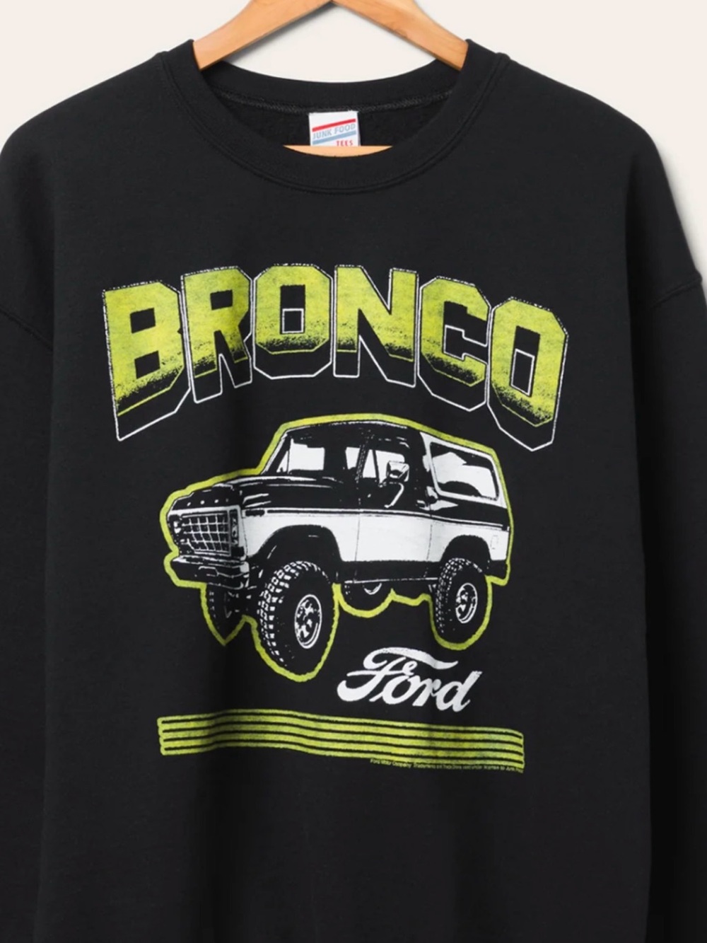 Junk Food Clothing Black Crewneck Sweatshirt with Lime Bronco Graphic